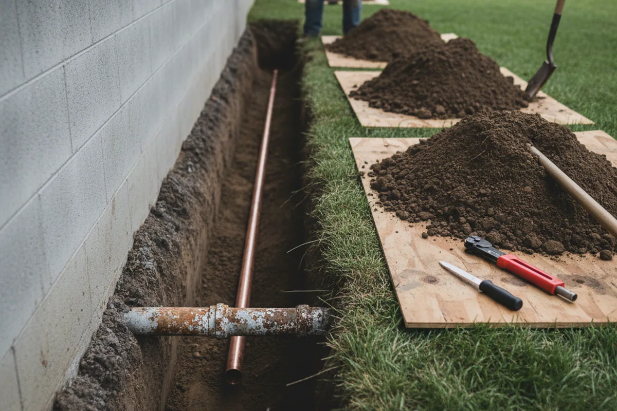 Excavated water line trench during Sewer Line Repair in Paulina